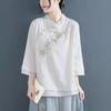 Chinese Ethnic Style Embroidered Cotton-Linen Frog Button Top for Women, Summer 2024, Stand Collar with Three-Quarter Sleeves.