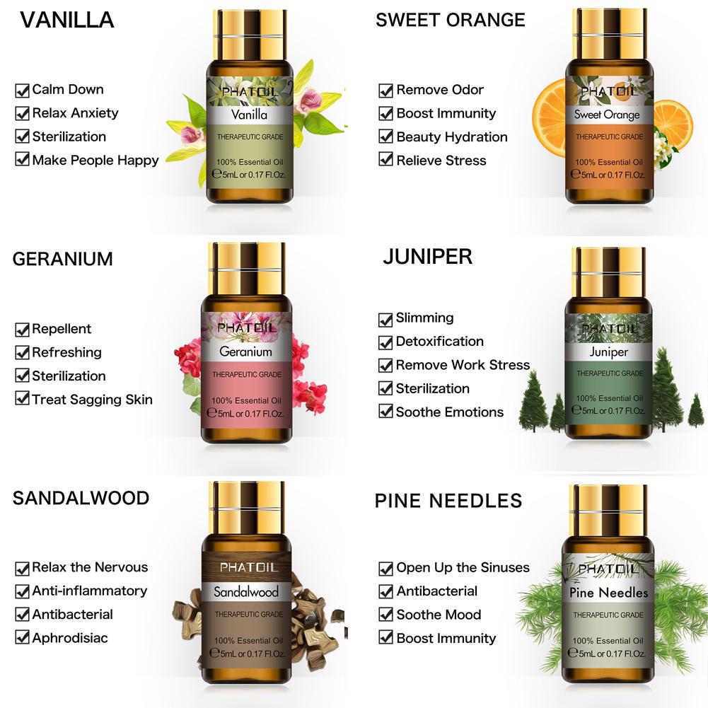 PHATOIL 5ML Rose Jasmine Lavender Plant Essential Oil with Dropper Purify the Air Bactericide Spa Body Care Vanilla Eucalyptus Tea Tree Oil