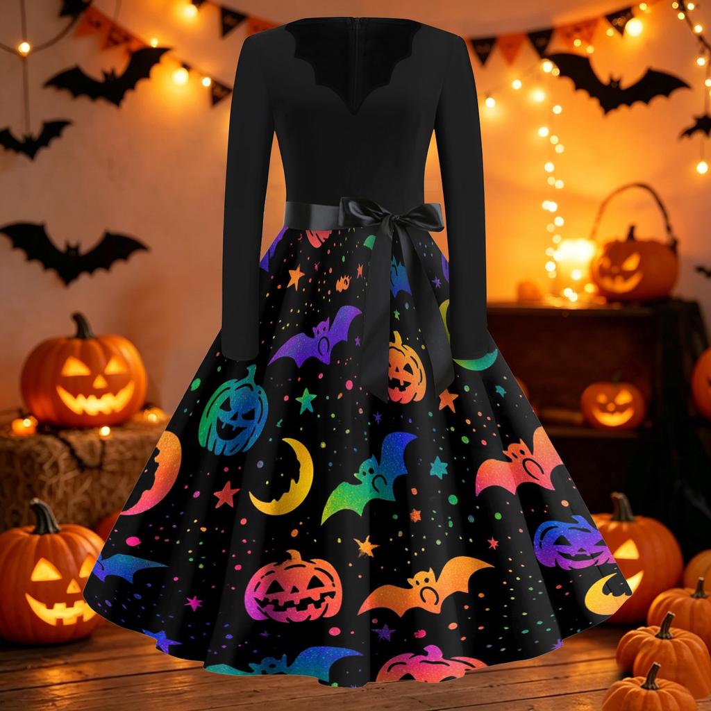 Women's Casual Halloween Print V Neck Vintage Style Dress Long Sleeve Fit and Flare Midi Dress with Waist Tie Belt