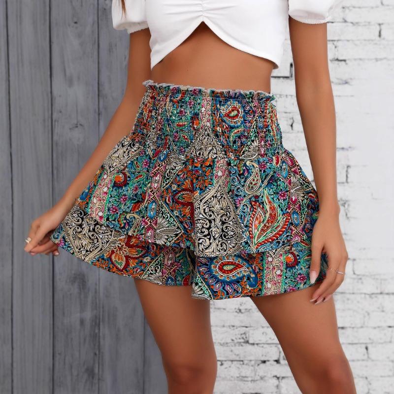 Женские летние шорты с этническим принтом и высокой талией, широкие штанины