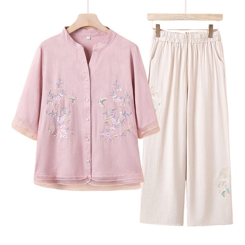 Red Bean Mama Women's Embroidered Cotton Linen Summer Set