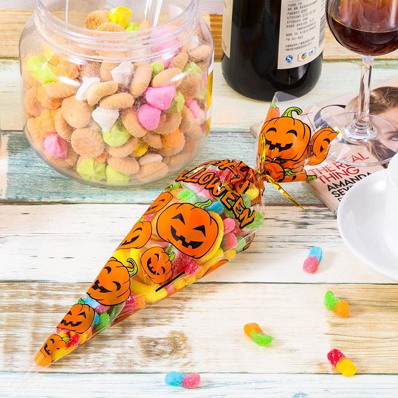 100pcs Halloween Cone Bags Ice Cream Dots Triangle-shape Pumpkin Style Candy Bags Gift Favors OPP Bag Package Food Pocket TMZ