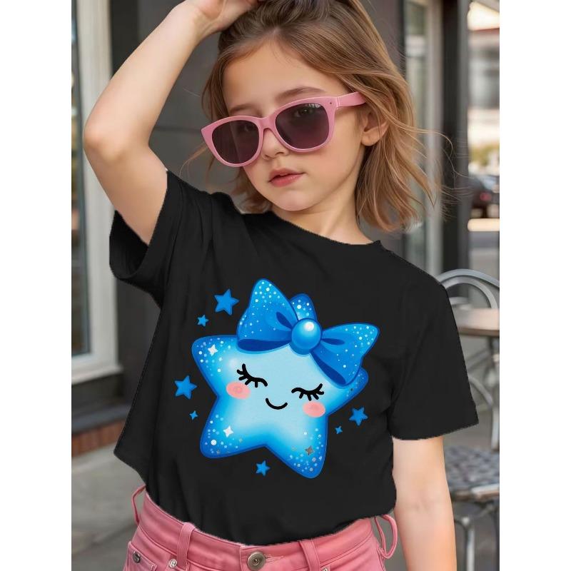 Girls Crew Neck Short Sleeve T-Shirt with Cartoon Blue Stars & Bow Print