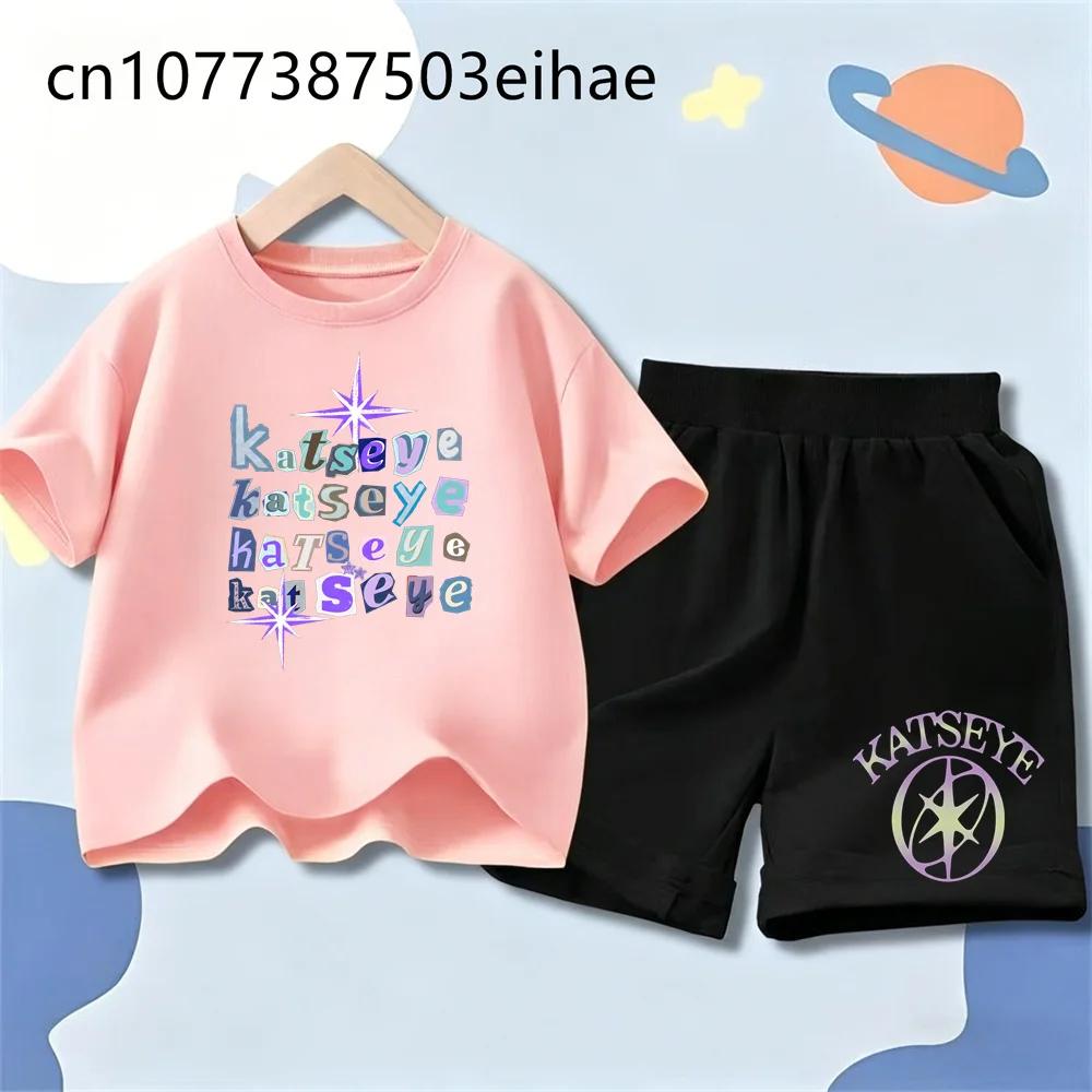 Kids Fashion Hip Hop Streetwear Katseye Funny Print Boys Girls Short Sleeve Shorts Set Casual Sportswear Trendy Youth Clothing