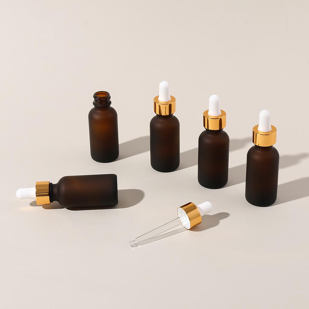 10pcs 30ml Glass Dropper Bottles With Golden Caps Amber Frosted Glass Essential Oil Sample Bottles With Free Dropper&Funnel