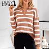Женская мода повседневная полосатая печать осень-зима длинный рукав поло-ворот свободные свитера