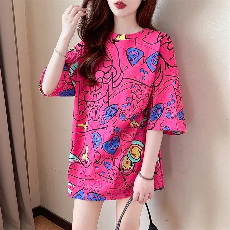 Летняя винтажная футболка с принтом Мода Женская Оверсайз Графические Длинные Футболки Y2k Топы Харадзюку хип-хоп Уличная одежда молодежная