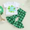 St. Patrick's Day Baby Kids Girls Four Leaf Clover Printed Tee Shirt and Plaid Bell-bottomed Pants 2PCS Outfits Clothes for 1-5 Years