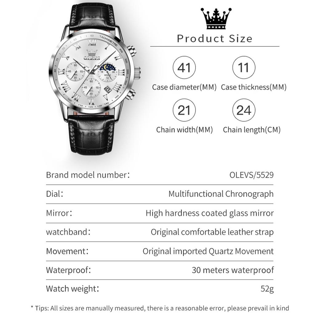 Часы Olevs Watch Chronograph Водонепроницаемые Светящиеся Часы Черный Кожаный Ремень Бизнес Кварцевые Наручные Часы Аналоговые Римские Цифры Легко читаемые Часы для Мужчин Дата