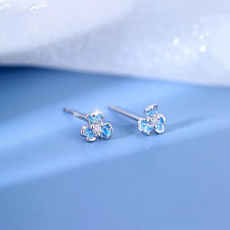 999 Sterling Silver Blue Iris Flower Stud Earrings for Women - Elegant and Trendy Birthday Gift for Her