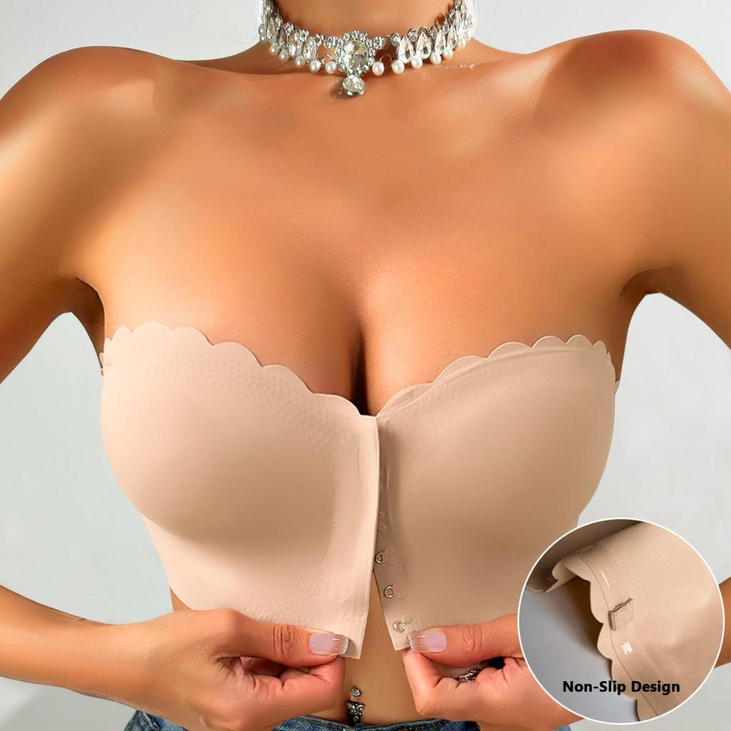 Бесшовный бюстгальтер пуш-ап без бретелей с застежкой спереди и волнистым краем