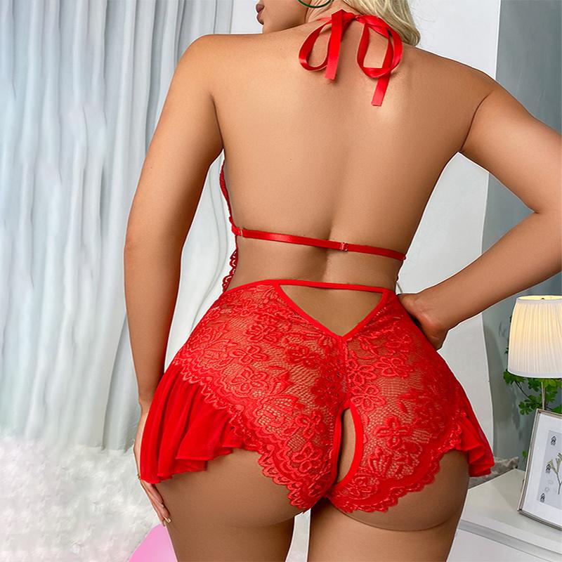 Erotic Lingerie For Women Lace See Through Teddy Bodysuit Porno Costume Female Deep V Open Crotch Baby Doll Sexy Skirt Underwear