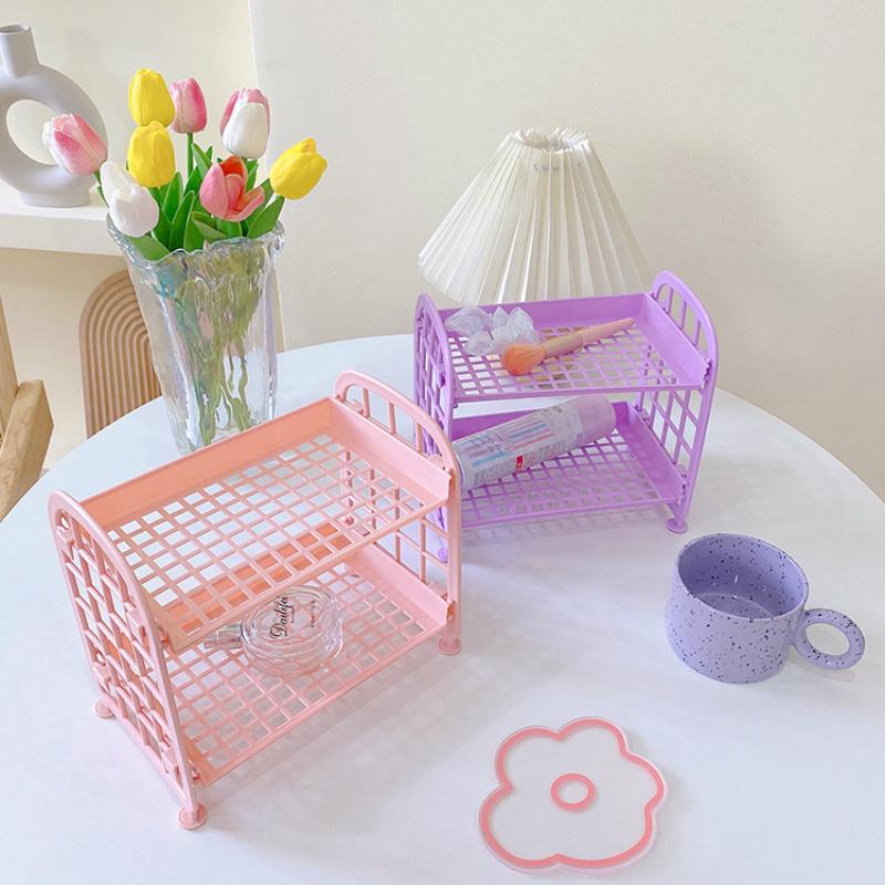 Kawaii двухслойный стеллаж для хранения, настольная складная стойка для хранения макияжа, полка для хранения косметики, отделка общежития, ванная комната