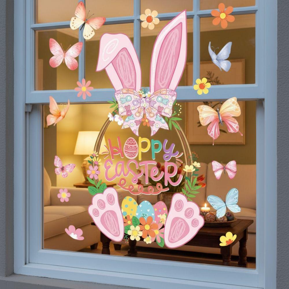 Pink Rabbit Basket Electrostatic Stickers Rabbit Bunny Wall Decal Happy Easter Party