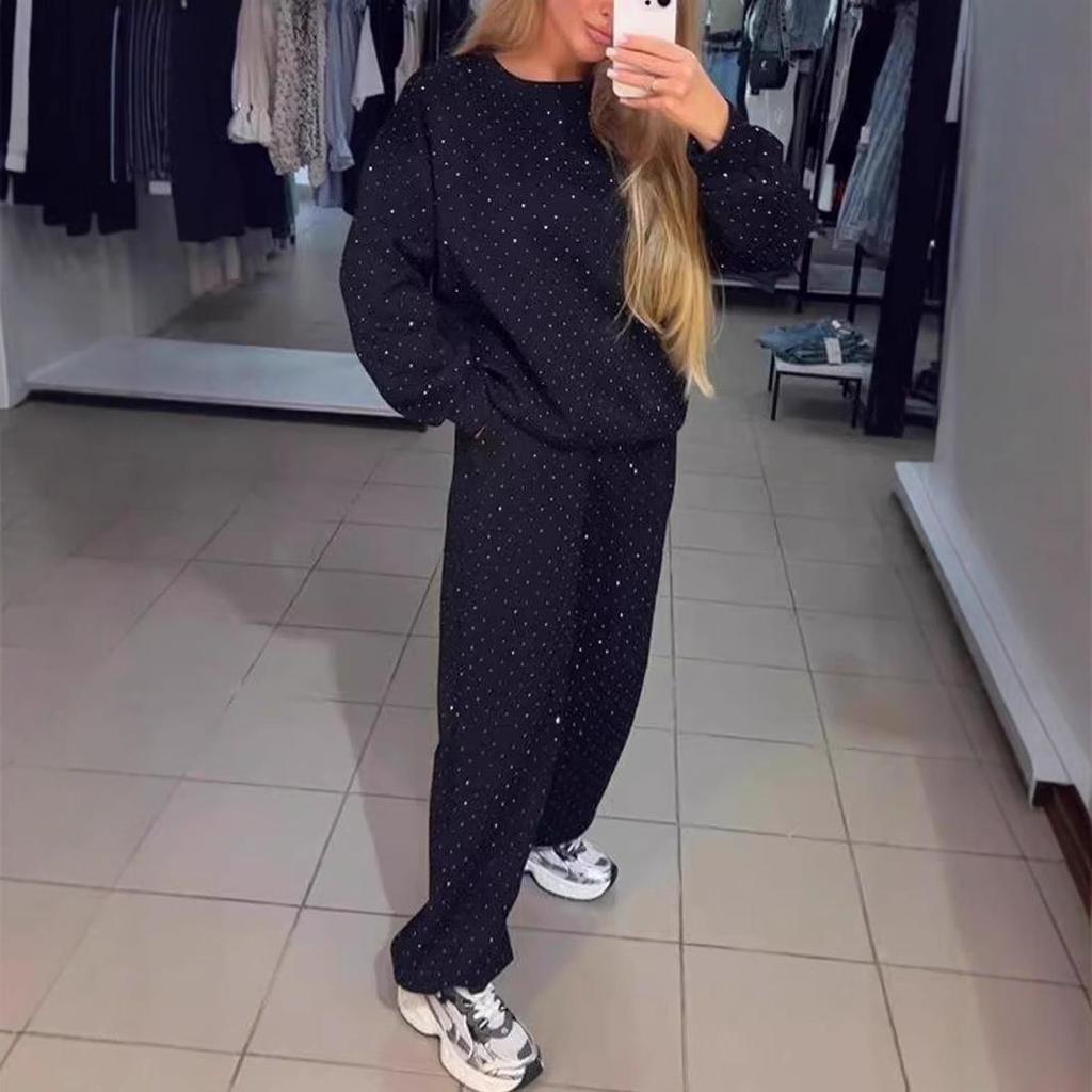 2024 Европейский и американский осенне-зимний женский повседневный комплект с круглым вырезом, длинными рукавами, горячей фиксацией, кулиской и манжетами на щиколотках