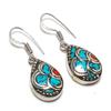 Natural Tibetan Turquoise, Coral Gemstone Handmade Jewelry Earring 1.42" R4j62