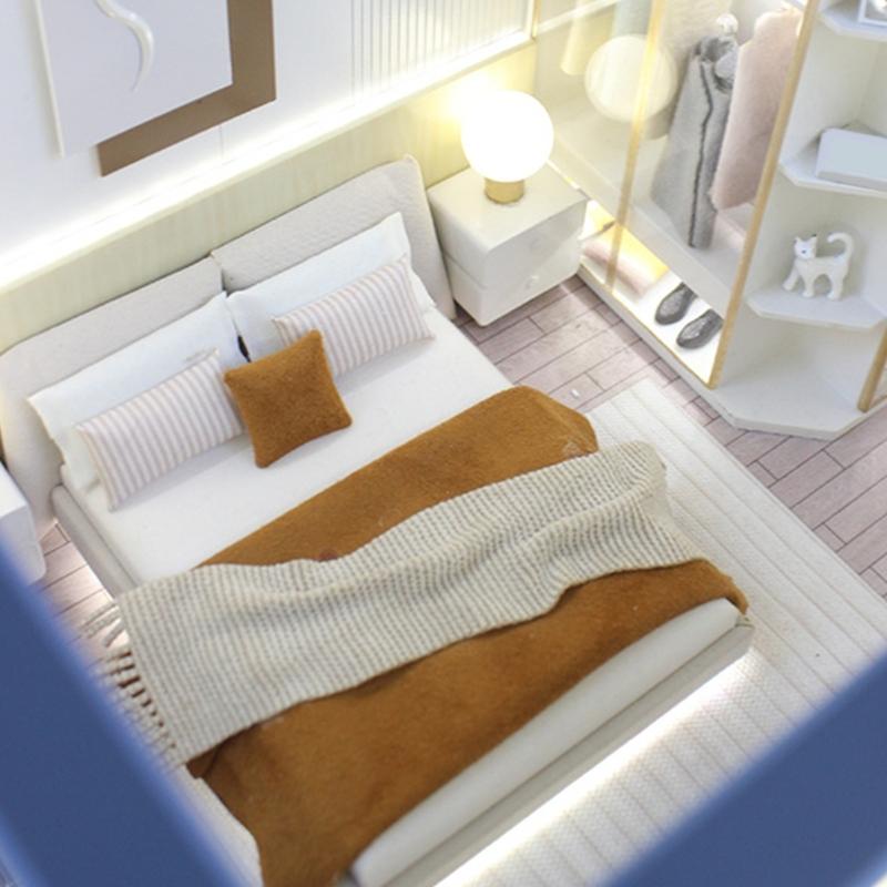 Кукольные домики 1/20 Спальня Миниатюрная Двуспальная кровать и Постельные принадлежности Реалистичный Современный Дизайн интерьера Комнатная сцена Дисплей Аксессуар