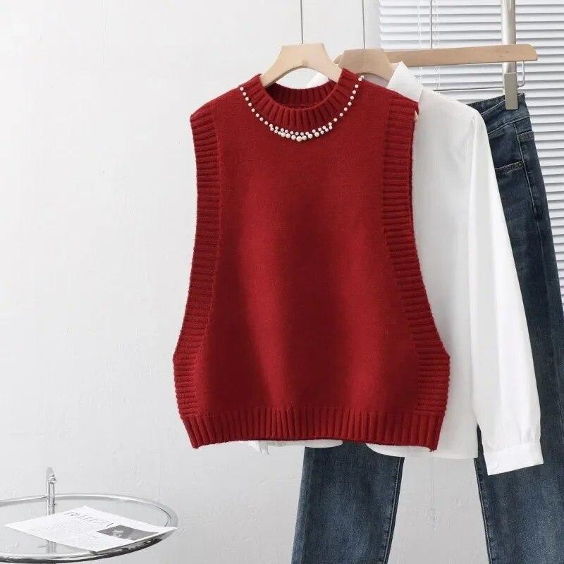 Vest Female Round Neck Design Sense Knitted Tank Women Korean Edition Foreign Loose and Versatile Outwear Vest Female