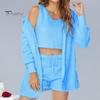 3 Pcs/set Fall Winter Women Coat Vest Shorts Set Thick Plush Homewear Clothes Sleepwear Hooded Long Sleeves Open Stitch Warm Jacket Drawstring