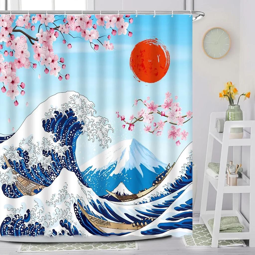 Японская шторка для душа, Морские волны Сакура Красное солнце Аниме Кимоно Женщина Пейзаж горы Фудзи Тушь Журавль Птица Декор для ванной