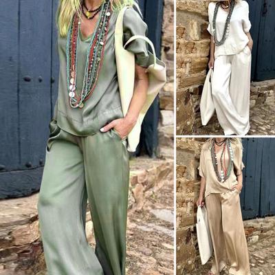 Женский однотонный свободный крой, повседневный наряд, пуловер с v-образным вырезом и половиной рукавов, футболка с эластичной резинкой на талии и карманами, комплект широких длинных брюк