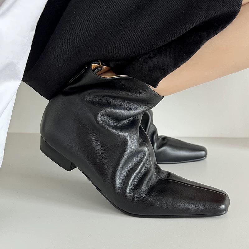 Французский простой стиль квадратный носок маленькие ботильоны на плоской подошве тонкие ботинки задняя молния короткие ботинки женские осень и зима новые универсальные ботинки Мартин