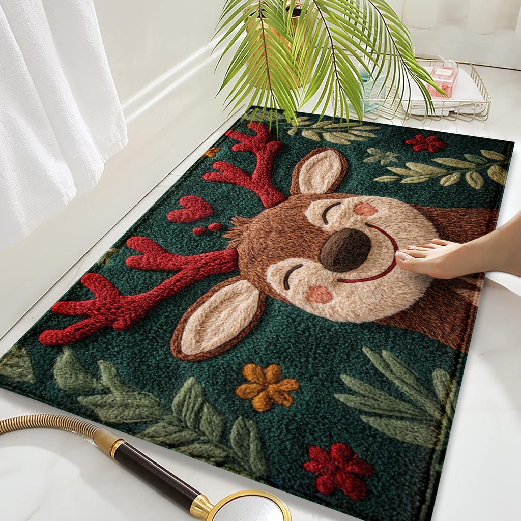 1PCS Fluffy Christmas Deer Microfiber Bath Mat - Quick-Dry & Absorbent, Festive Holiday Design with Red Berries & Green Leaves