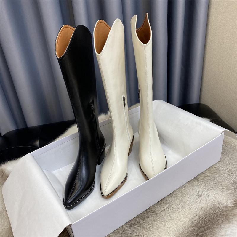 Cowhide Version~ Leather V-mouth Western Cowboy Boots Women's High Heel Pointed Knight Boots Long Boots High Boots Zipper Long Boots