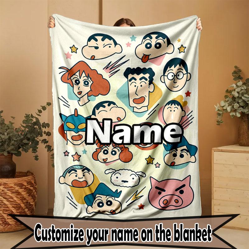 Custom Name Personalized Crayon Shin chan Print Blanket, Home Decor, Bedroom, Sofa, Camping, Couch, Gifts for Birthday Christmas
