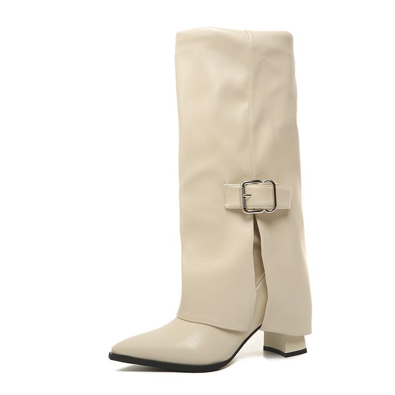 Женские Высокие Сапоги Модные На Высоком Каблуке С Острым Носом 2026 Дизайнерские Кожаные Сапоги До Колена С Металлической Пряжкой Женские Mujer Botas