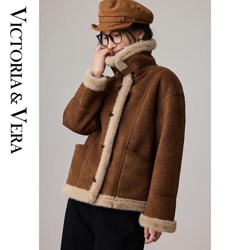 VICTORIA&VERA Women's Winter Retro Toggle Button Faux Fur Short Coat V9019W12