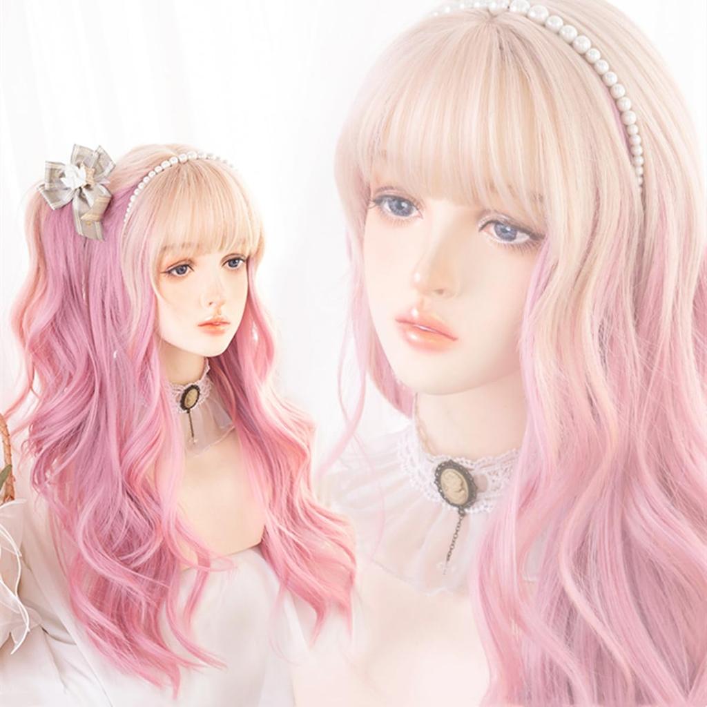 Парик Лолита RyuuCos Длинные волосы Кудрявый розовый парик Розовый градиент Натуральный Харадзюку Косплей Термостойкий Маскировка Настоящее событие Хэллоуин Рождество Школа