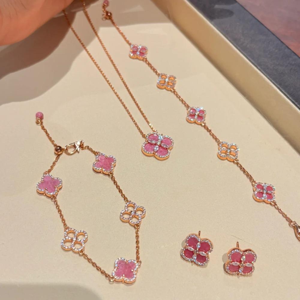 Double Side Diamond Rose Pink Clover Jewelry Set for Women Luxury Bracelet Necklace Earrings