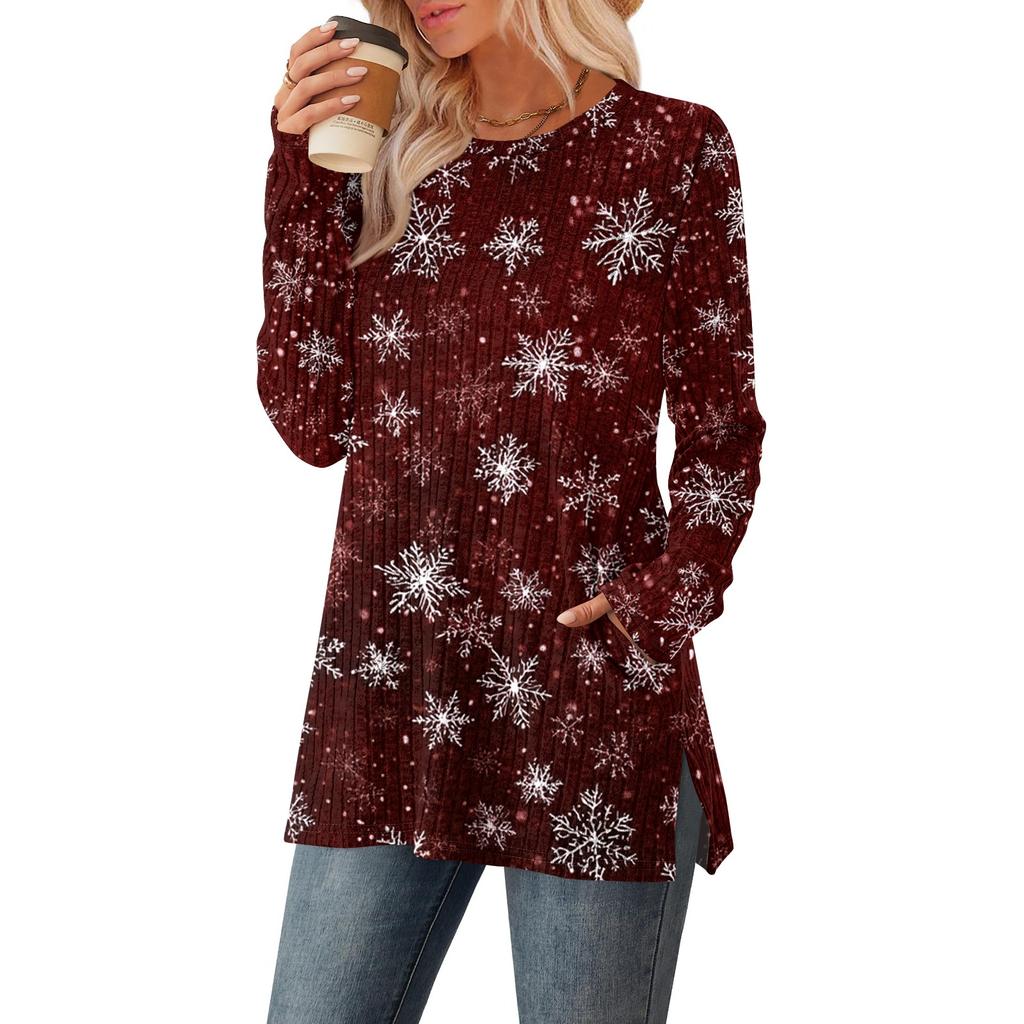 Women's Christmas Printed Round-neck Long-sleeved Top With Pockets And Side Slits