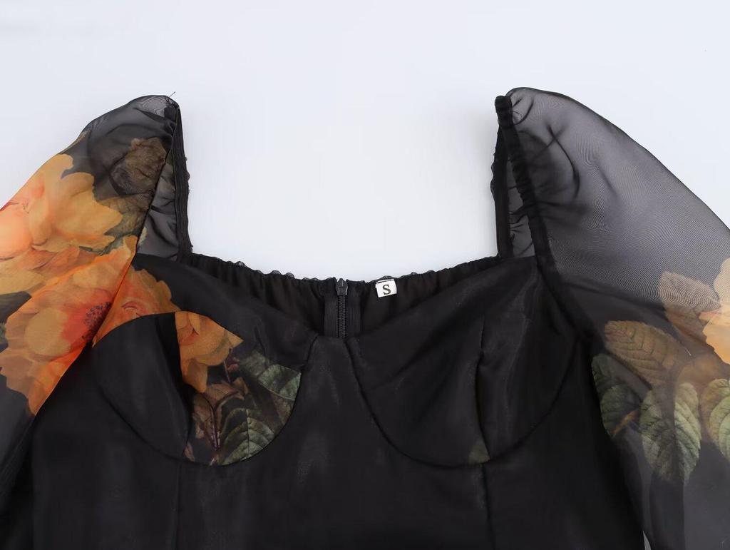 2024 Autumn Women's European-American Fashion Tulip Print Organza Skirt