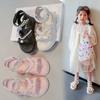Girls Sandals High Top Hook&loop Kids Princess Shoes Sweet Bows Beading 2025 Summer New Children Beach Shoes Open Toes Soft Sole
