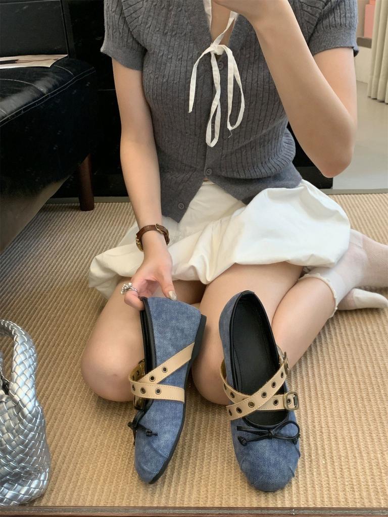 Inner Height Increase Retro Suede Bow Single Shoes Women's Shoes 2025 New Summer Ballet with Skirt Evening Shoes