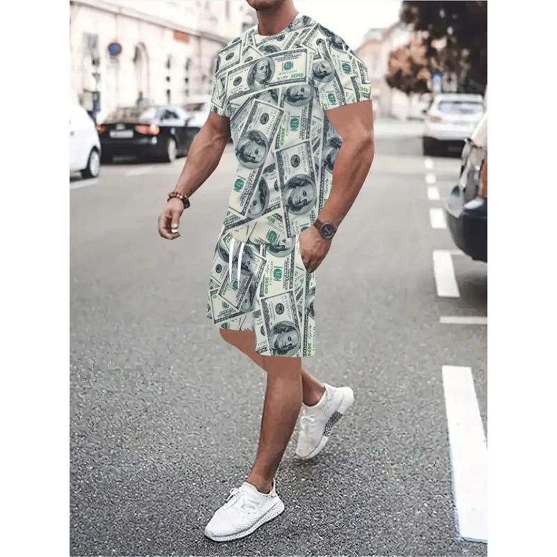 Men's Suit Casual Simple Pattern Printing T-shirt Hawaiian Casual Vacation T-shirt Two Piece Quick Drying Short Sleeved Men Set