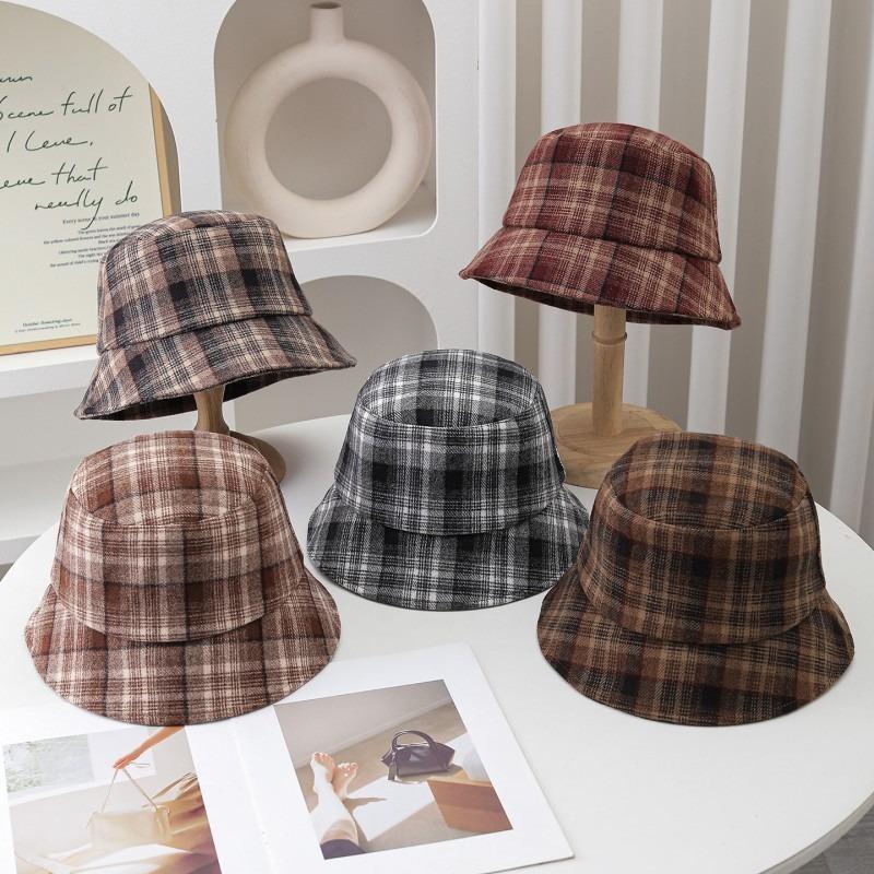 Women S Plaid Bucket Hat Double Sided Foldable Sun Protection Large Head Size Korean Style