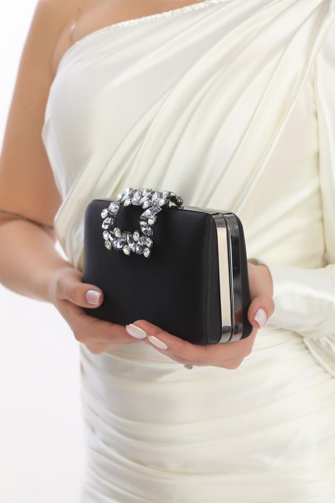 Women's Stylish and Useful Evening Dress Bag Pearl Color Satin Fabric Flower Motif Stoned Evening Dress Portfolio Clutch Evening Bag