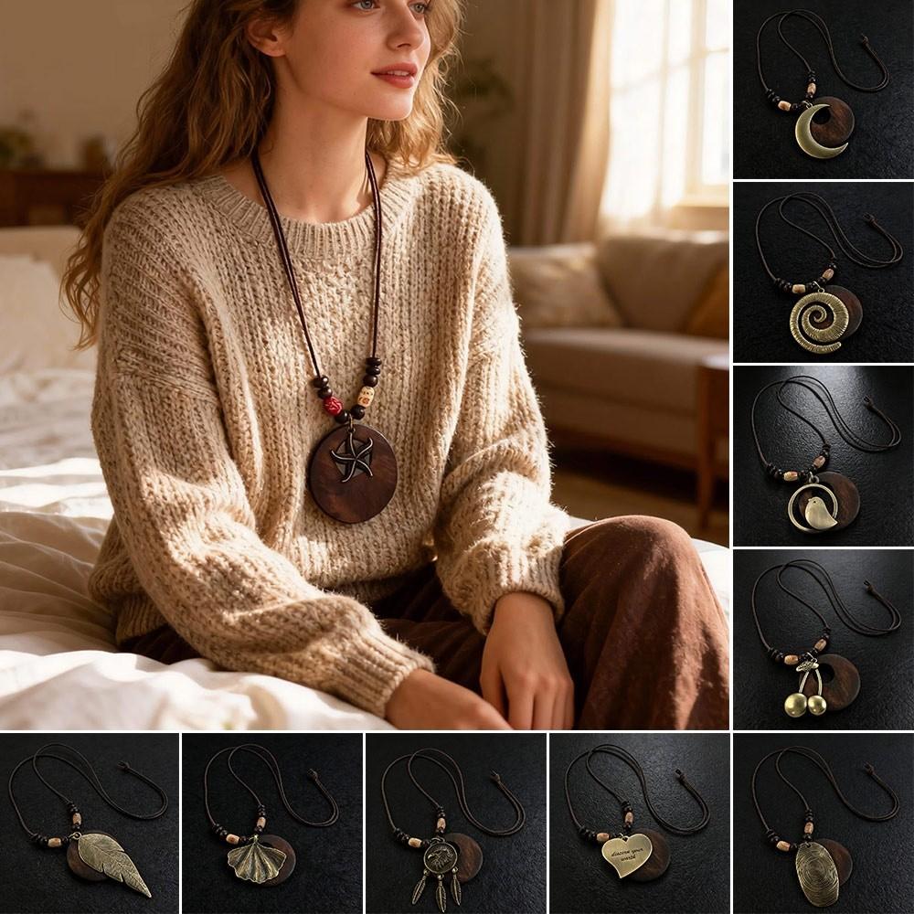 Hollow Leaves Wooden Pendant Necklace Boho Sweater Necklace Vintage Necklace  for Women Men