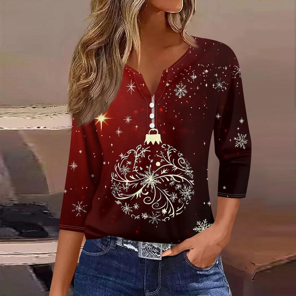 Жен. Футболка Футболка С принтом Пуговицы Рукав 3/4 Повседневные Выходные Мода Классический V-образный вырез Обычный Топ