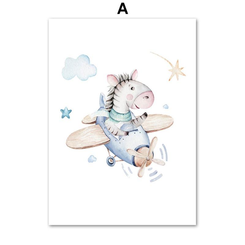 Зебра Жираф Лев Медведь Самолет Приключение Детская Настенная Живопись на Холсте Скандинавский Постер Картинки Декор Комнаты для Мальчика