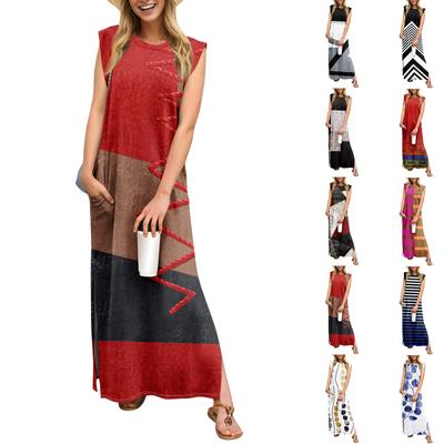 Летние платья для женщин с круглым вырезом, повседневные свободные, с принтом, без складок, длинное пляжное платье макси с карманами