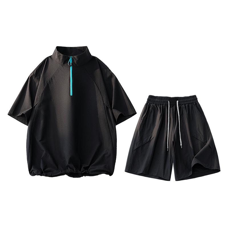 Plus Size Ice Silk Quick-Dry Outdoor Sports Set: Short Sleeve Half-Zip T-Shirt & Breathable Shorts