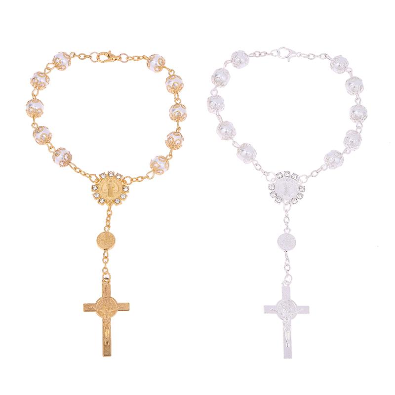 Car Pendant Bling Retro Imitation Pearl Metal Jesus Cross Car Rear View Mirror Hanging Ornament Cross Hanging Decoration