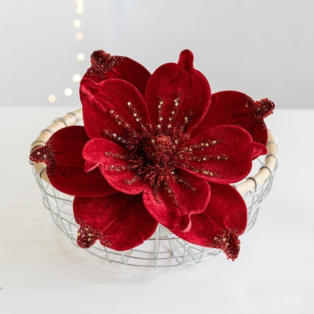 Sequin Artificial Poinsettia Glitter Flower 25cm 3D Simulation Magnolia  New Year Gifts