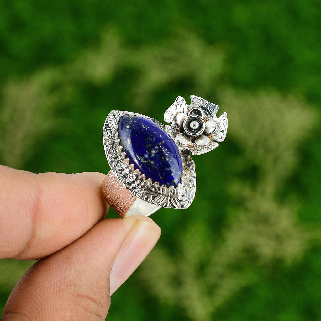 Natural Lapis Lazuli Multi Stone Flower Ring Size 7 925 Silver For Girls