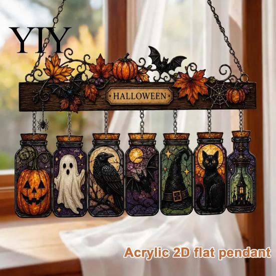 Waterproof Acrylic Hanging Sign Halloween Suncatcher, Stained Glass Style Pumpkin Ghost Potion Bottles Window Seasonal Display Props Decor, Gothic Sun