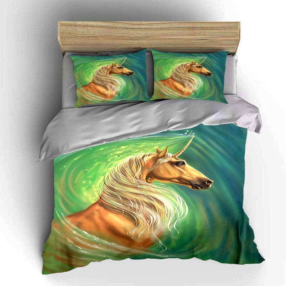 Golden unicorn, green swirl. Bedding sets Duvet cover sets Duvet covers Pillowcases(1 * Duvet Cover 2 * Pillowcases without duvet insert)